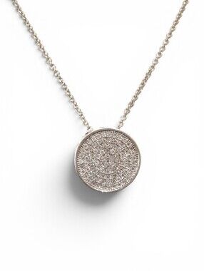 Shimmering Silvertone Pave Circle Disk Necklace